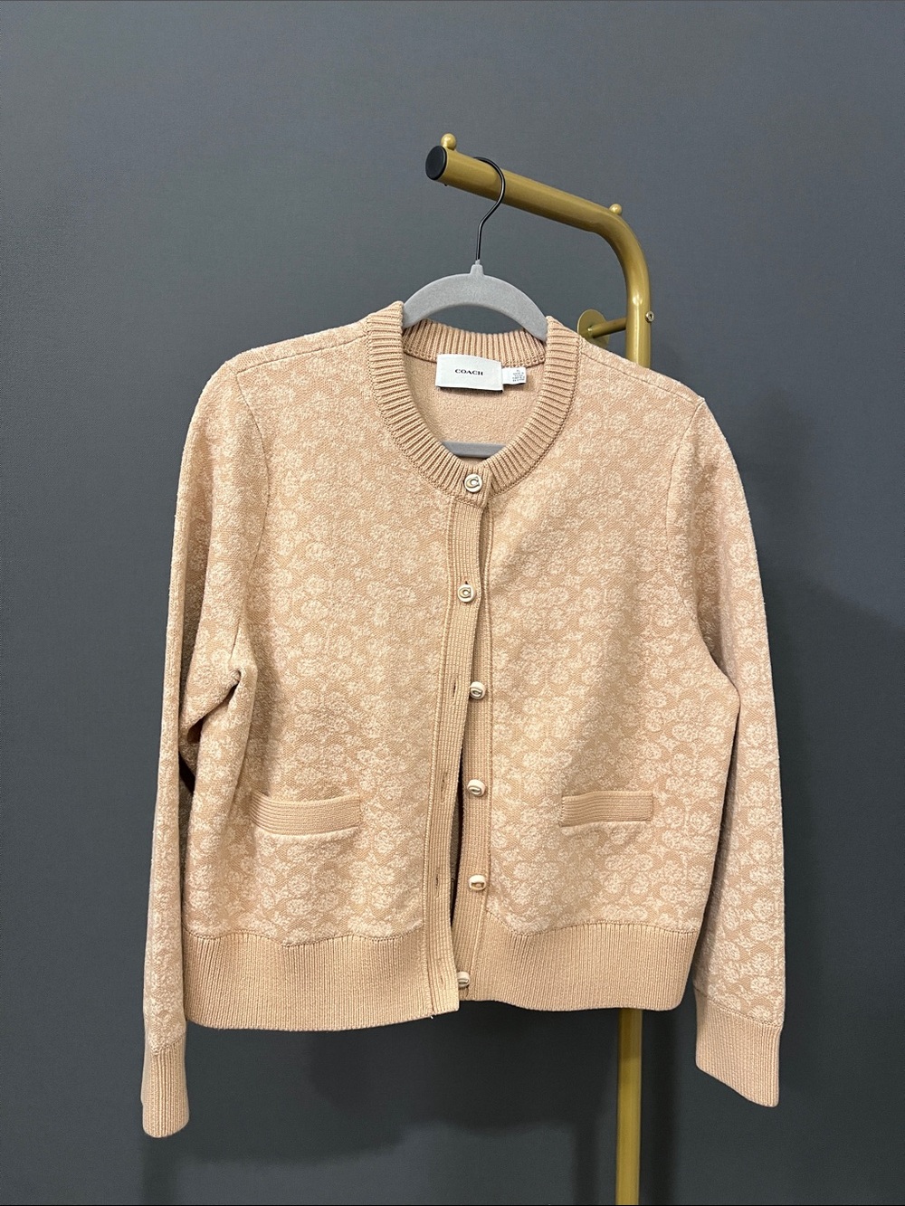 COACH Beige Signature Knit Cardigan Sweater